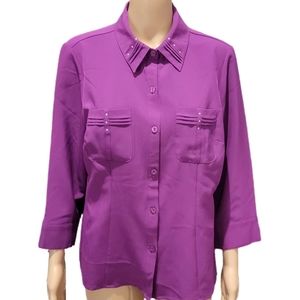 Kathy Che Stretch Purple Button Up Shirt 3/4 Sleeve Medium